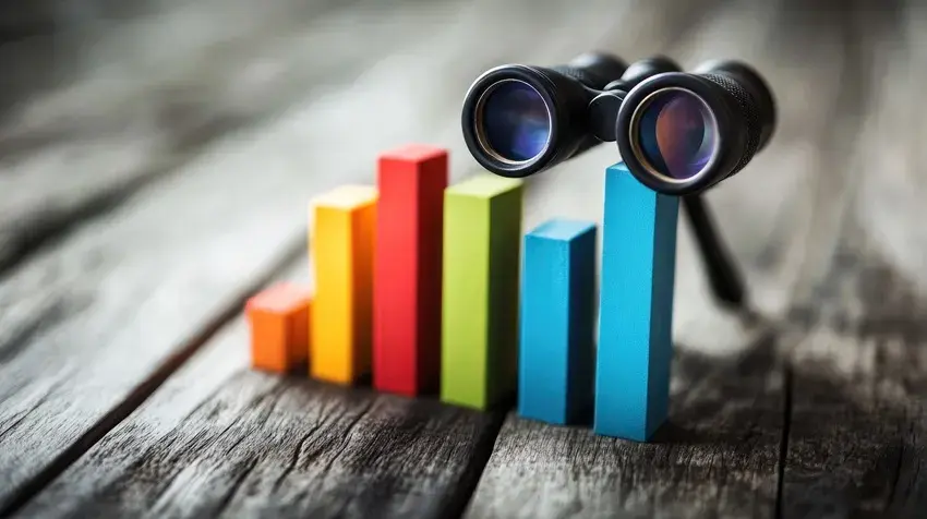 bar chart on a table with binoculars resting on the top