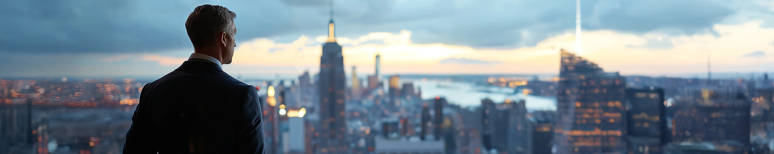 Businessman looking over skyline.