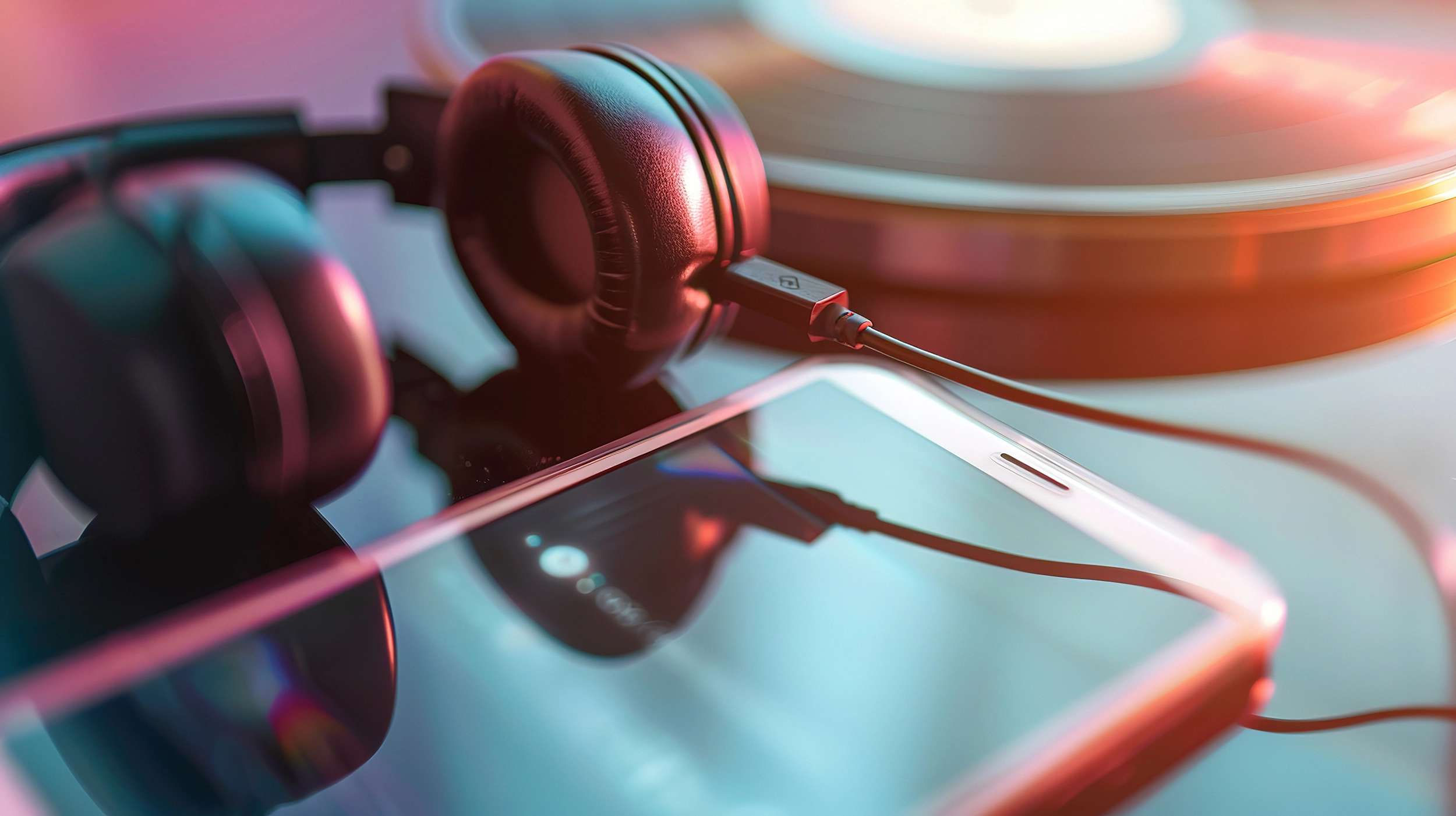 Headphones next to a mobile phone and record player.