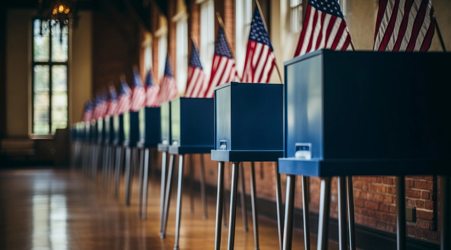 Blue voting booths with American flags.