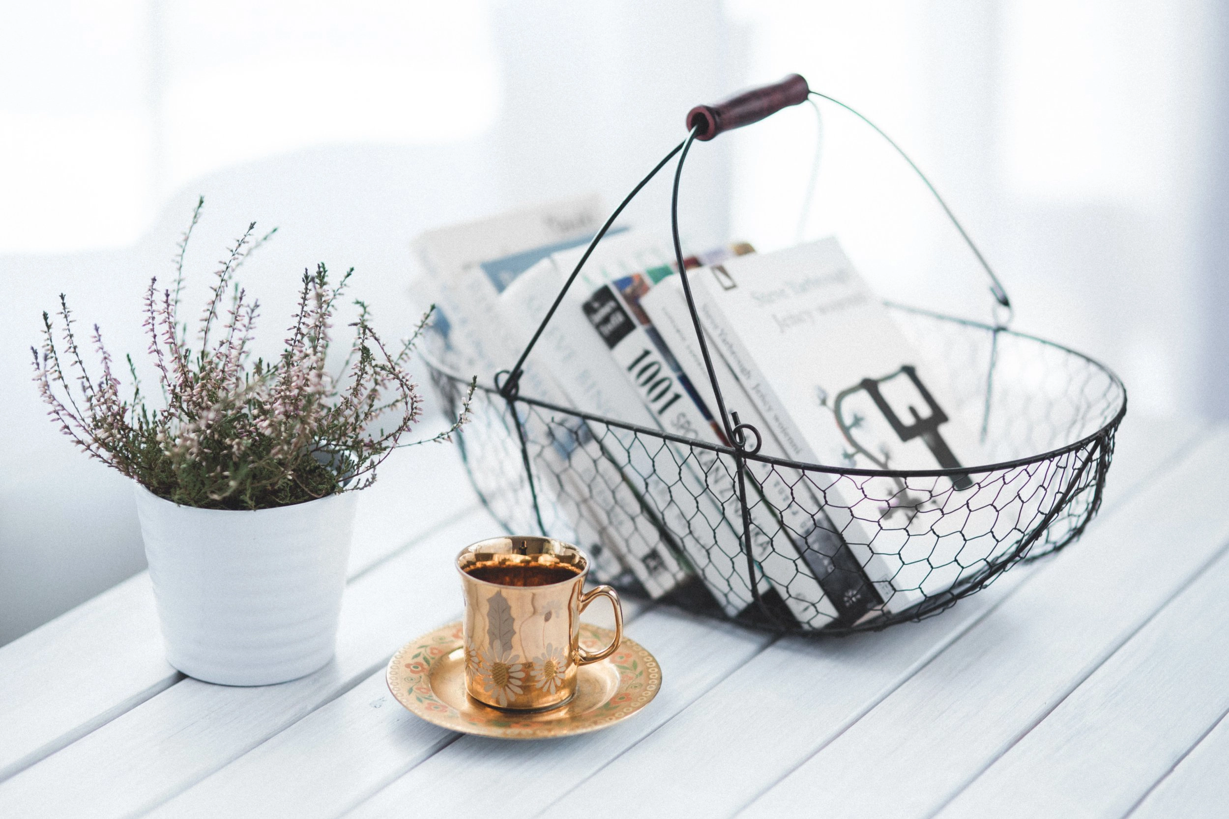 Wire basket full of books.